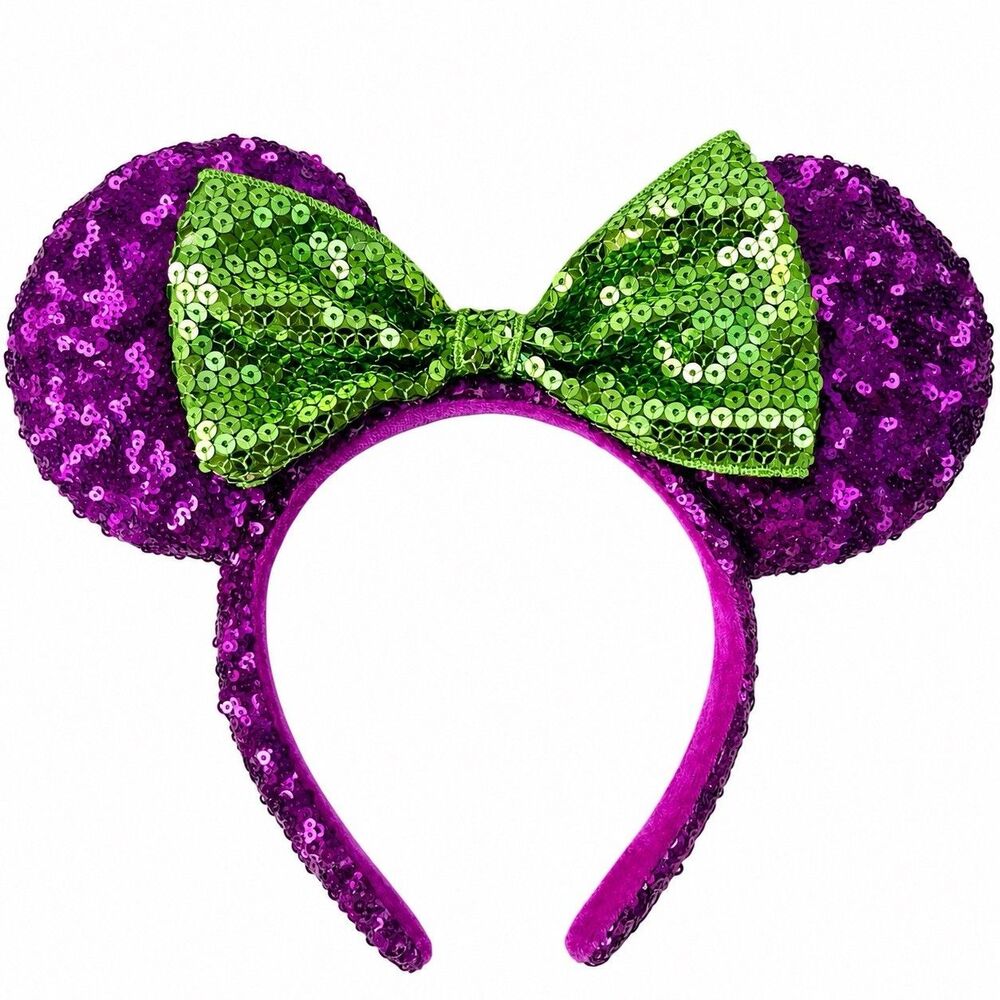 Disney Halloween Purple Minnie Mouse Ears Green Sequin Bow Princess Headband
